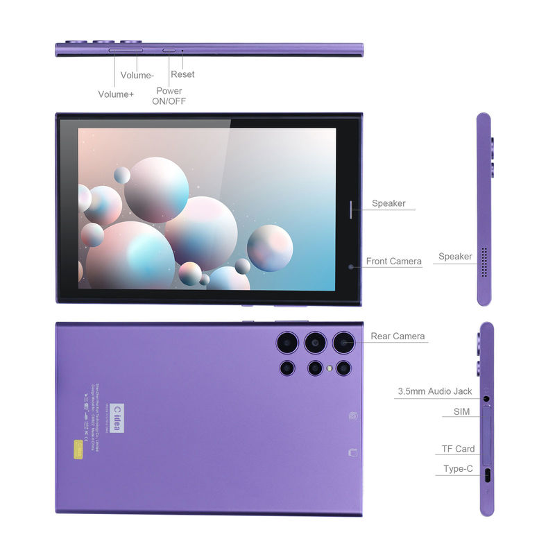 C Idea Portable 8 Inch Tablet PC mit Gehäuse 5000mAh Akkulaufzeit Dual Kamera 5MP+8MP Sim Card Slot Lila