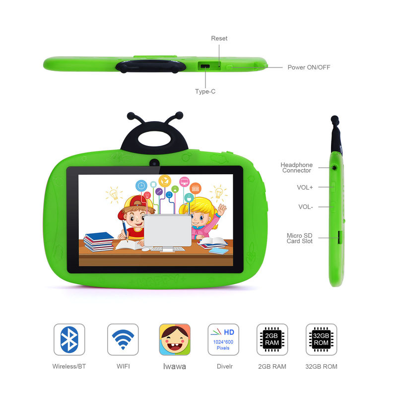 C-Idee Doppelkamera WiFi 7 Zoll Tablet PC Android Kinder für Kleinkinder Lernen 128 GB mit Fall Kids App CM76 Grün