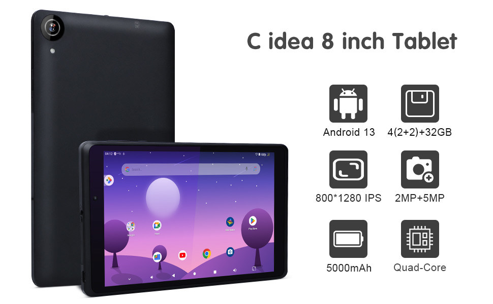 C-Idee Jugend 8 Zoll Tablet Android 13 mit Blaulichtbildschirm, WLAN, 32 GB + 64 GB, 800 * 1280 IPS Incell CM826