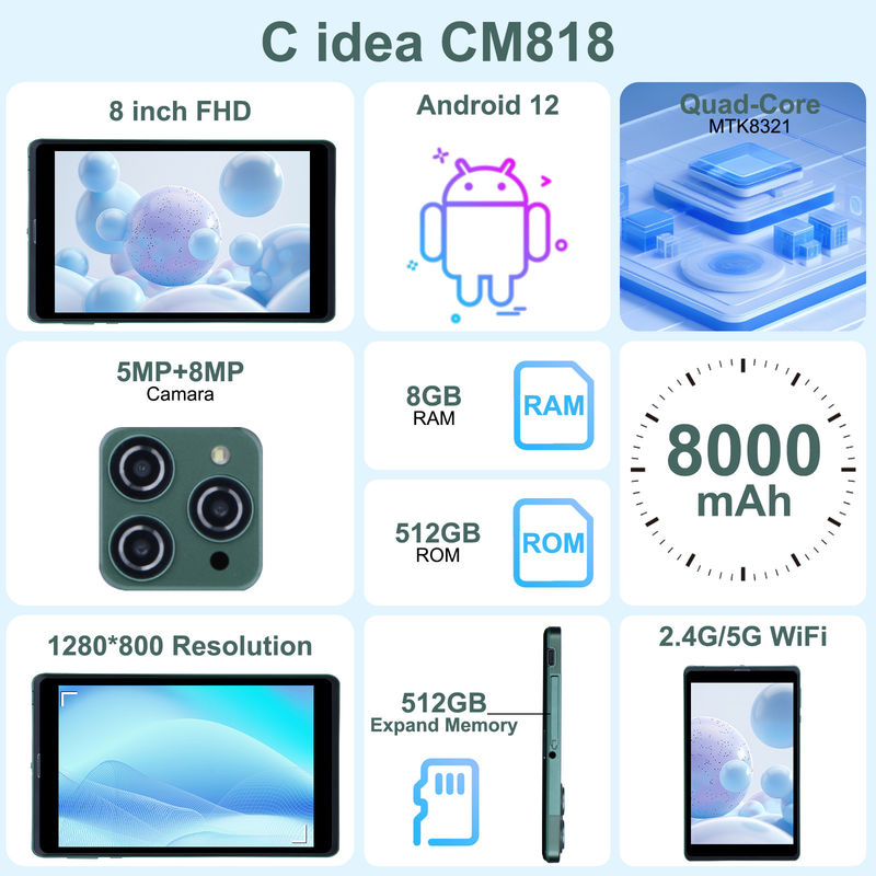 C Idee 8 Zoll Android Tablet PC mit Android 12 Betriebssystem Quad-Core CPU 8 GB RAM 512 GB Speicher IPS HD Display CM818-Grün