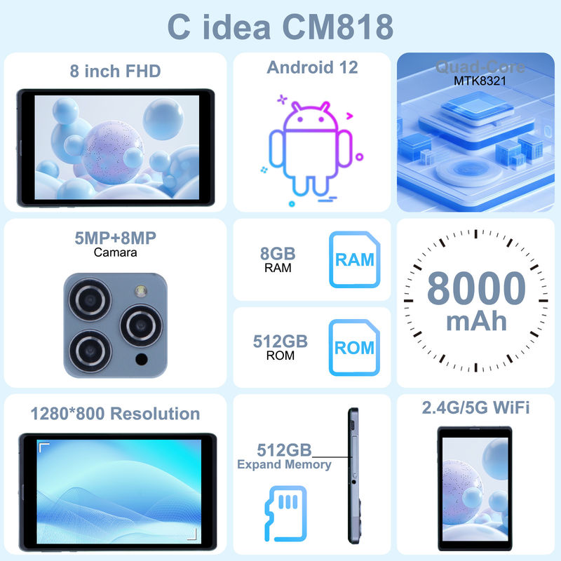 C Idee Android Tablet PC Dual Kamera 8 Zoll 1280x800 IPS HD Display Android 12 Tablets für Studenten CM818-Grau