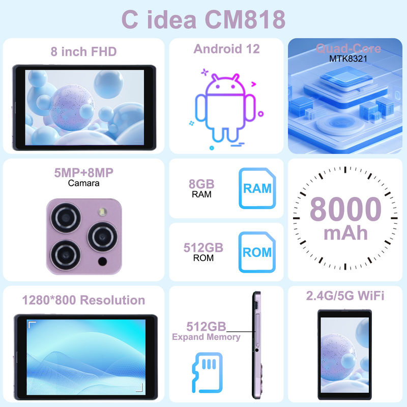 C Idee 8 Zoll Android 12 Tablet 8000mAh Batterie 5+8MP Kamera 8GB RAM 512GB ROM für Bildung Lernen CM818-rosa