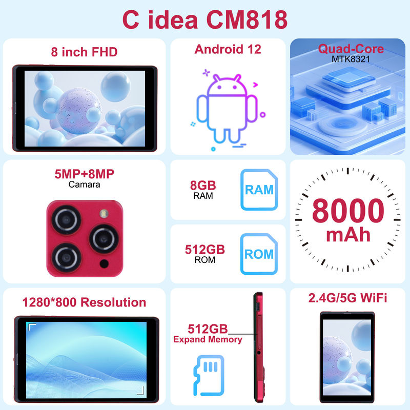 C Idee 8 Zoll Android 12 Tablet 8 GB RAM 512 GB ROM 8000mAh Batterie 5+8MP Kamera für Studenten mit SIM-Unterstützung CM818-rot