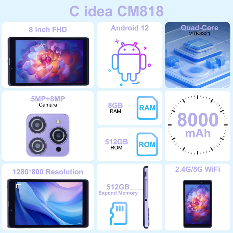 C Idea Portable 8 In Android Tablet PC 8 GB RAM 512 GB Android 12 Tablet IPS HD Anzeige Vierkern CM818-Purple