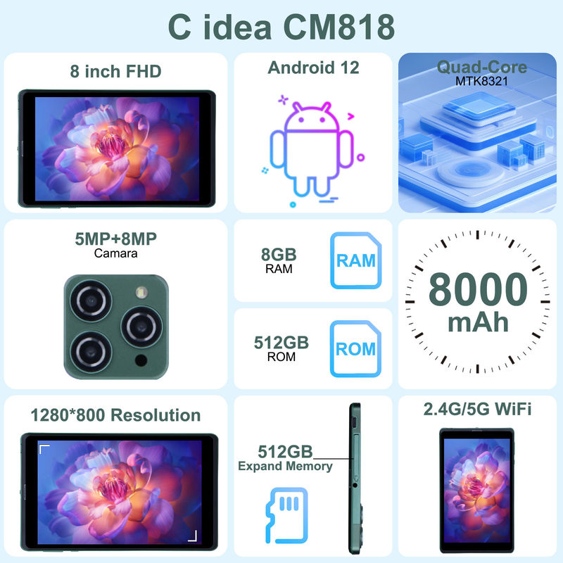 C-Idee Portable 8 Zoll Android Tablet PC mit Android 12 Quad-Core CPU 8 GB RAM 512 GB Speicher IPS HD Display CM818-Grün