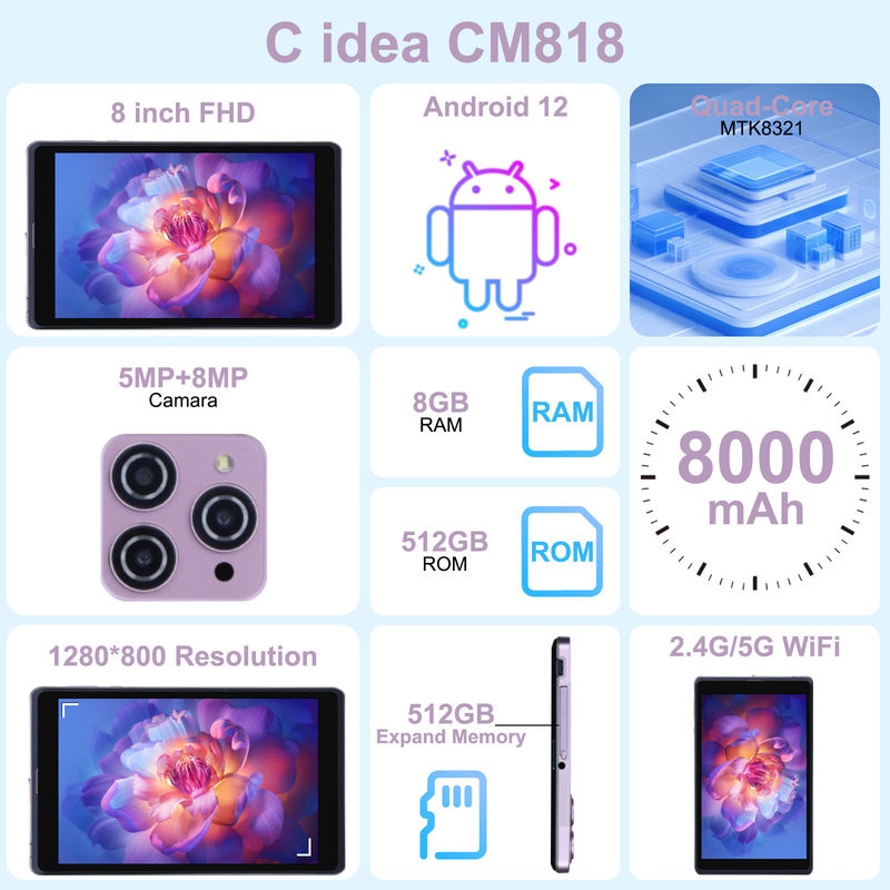 C Idea 8 Zoll Android 12 Tablet 8000mAh Batterie 5MP+8MP Kamera 8GB RAM 512GB ROM Für das Lernen CM818-rosa