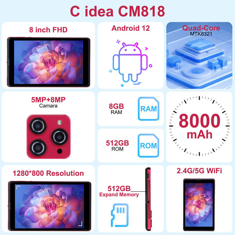 C Idee 8 Zoll Android 12 Tablet 8 GB RAM 512 GB ROM 8000mAh Batterie 5+8MP Kamera für Jugendliche mit SIM-Unterstützung CM818-rot