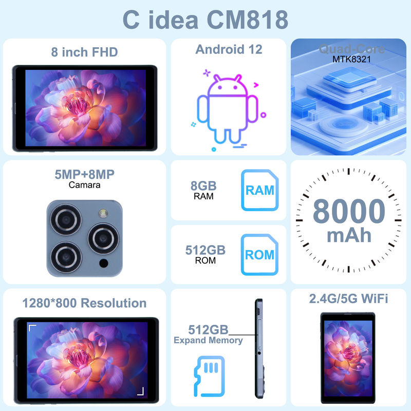 C Idee Android Tablet PC Dual Kamera 8 Zoll 1280x800 IPS HD Display Android 12 Tablets für Jugendliche CM818-Grau