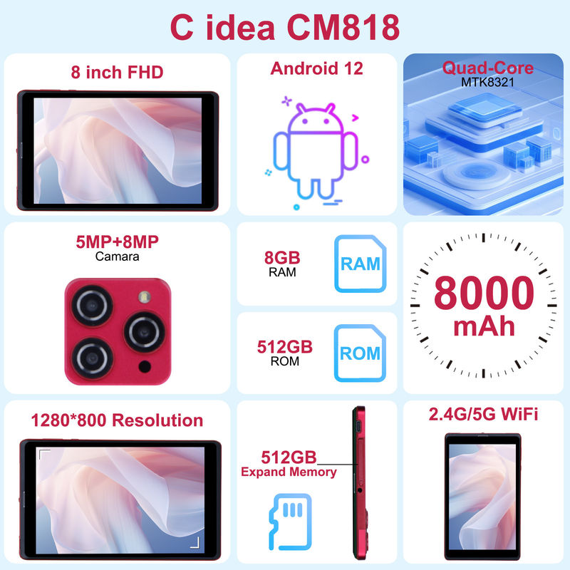 C Idee 8 Zoll Android 12 Tablet 8 GB RAM 512 GB ROM 8000mAh Batterie 5+8MP Kamera für Studenten mit SIM-Unterstützung CM818-rot