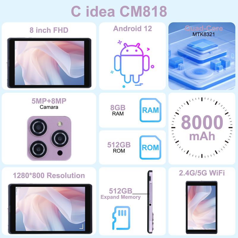 C Idee 8 Zoll Android 12 Tablet 8000mAh Batterie 5+8MP Kamera 8GB RAM 512GB ROM für Bildung Lernen CM818-rosa