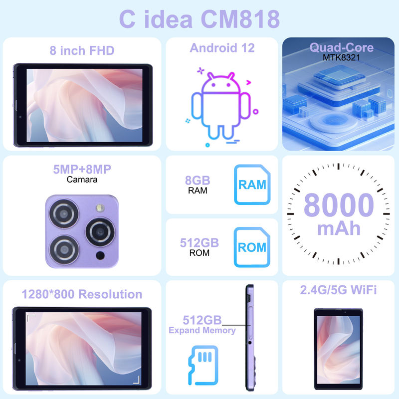C Idea Portable 8 In Android Tablet PC 8 GB RAM 512 GB Android 12 Tablet IPS HD Anzeige Vierkern CM818-Purple