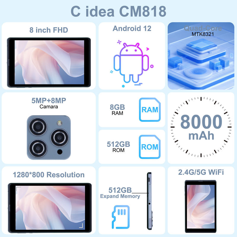 C Idee Android Tablet PC Dual Kamera 8 Zoll 1280x800 IPS HD Display Android 12 Tablets für Studenten CM818-Grau