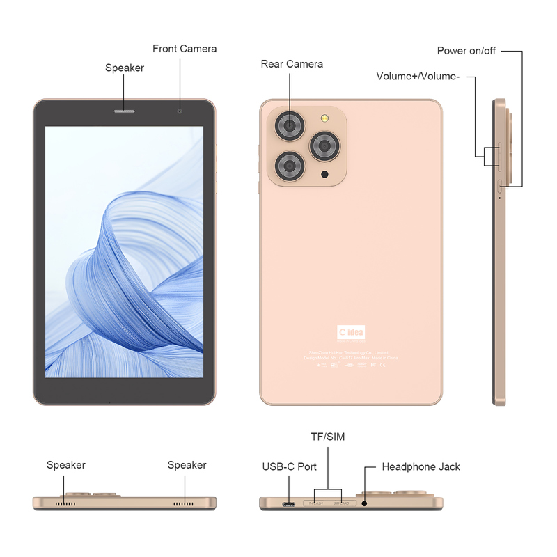 C idea 8 Zoll WLAN Tablet mit 8+512GB Speicher Quad-Core-Prozessor 800x1280 IPS Touchscreen gold CM817 Pro