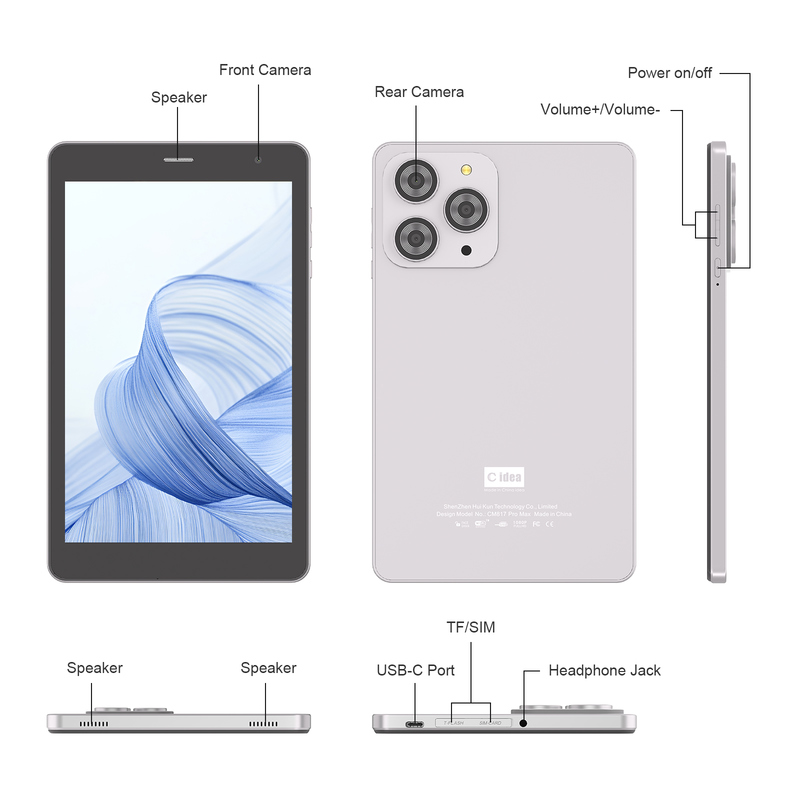 C idea 8 Zoll Wifi Tablet mit 8+512GB Speicher Quad-Core-Prozessor 800x1280 IPS Touchscreen silber CM817 Pro