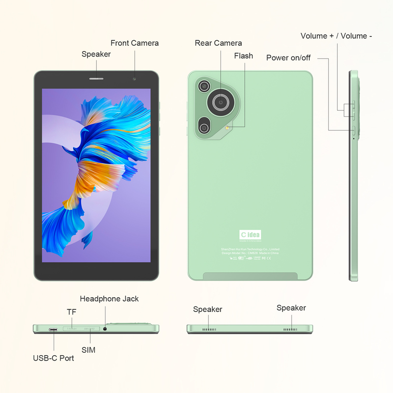 C-Idee Jugend grün 8 Zoll Tablet Android 15 mit TF-Kartenslot, WiFi,8 GB +512 GB, 800*1280 IPS Incell CM828