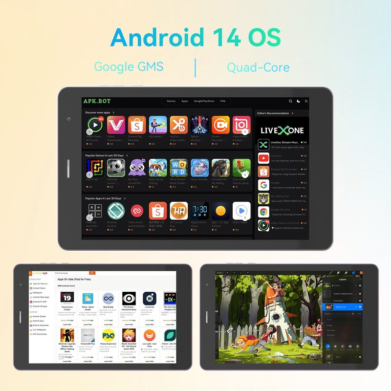 C idea Youth Silber 8 Zoll Tablet Android 15 mit TF-Kartensteckplatz, WiFi, 8GB + 512GB, 800*1280 IPS Incell CM828